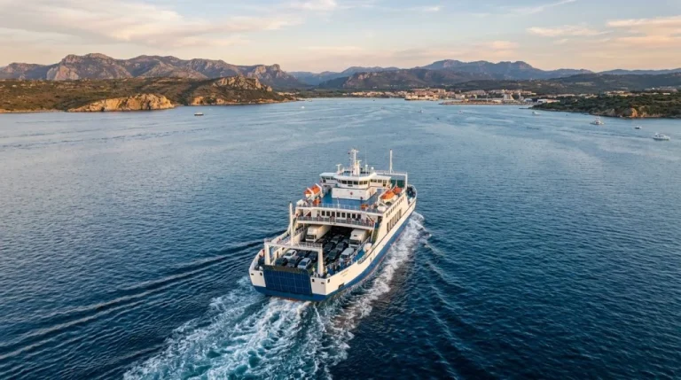 Traghetto in navigazione nel Mar Tirreno, collegando Civitavecchia e Olbia per la continuità territoriale. (Immagine generata con IA)