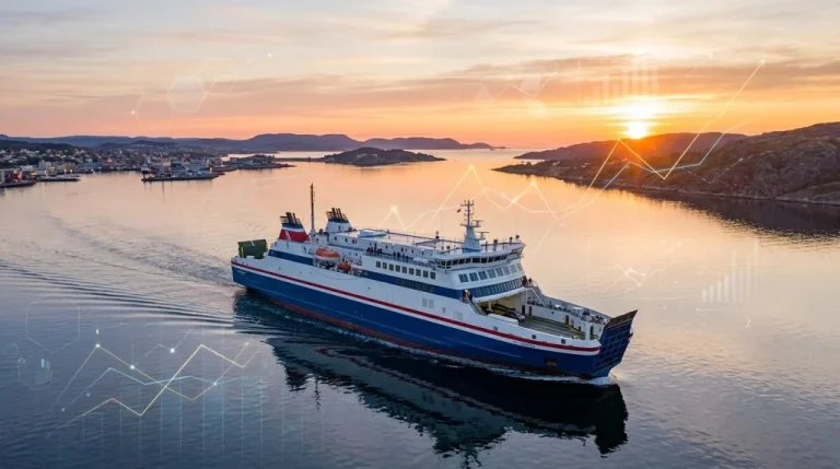 Un traghetto Ro-Pax in navigazione con un'alba sullo sfondo, simbolo di speranza economica per il settore. (Immagine generata con IA)