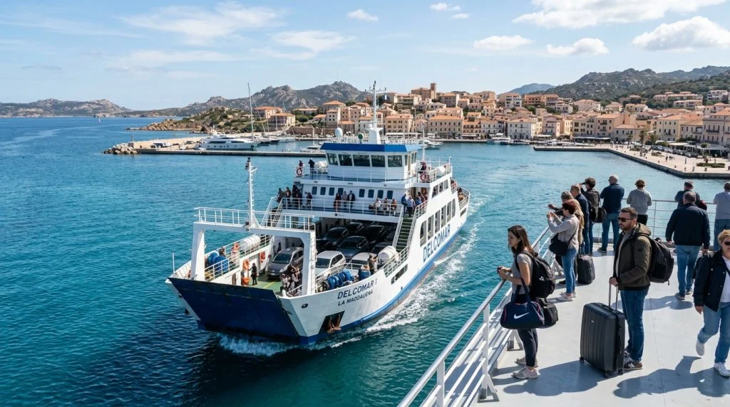 Un traghetto moderno in avvicinamento o partenza dal porto di La Maddalena, con passeggeri, alcuni dei quali con attrezzatura sportiva, a bordo. (Immagine generata con IA)