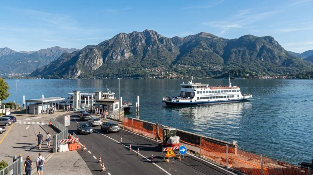 Un traghetto moderno naviga sul Lago Maggiore, con sullo sfondo le montagne. In primo piano, sulla riva, si intravedono lavori stradali su una strada di accesso al terminal dei traghetti. (Immagine generata con IA)