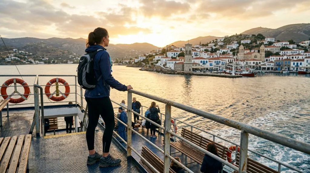 Giovane atleta si imbarca su un traghetto da un'isola senz'auto per raggiungere gli allenamenti (Immagine generata con IA)