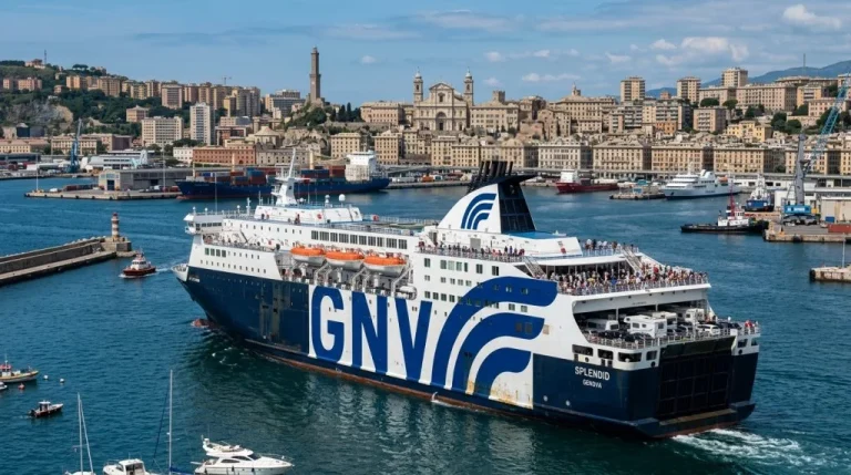 Traghetto Ro-Pax di GNV in navigazione o attraccato in porto, simbolo della crescita della compagnia (Immagine generata con IA).