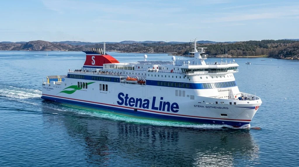Un moderno traghetto ibrido Ro-Pax Stena Line di tipo E-Flexer in navigazione, simbolo dell'innovazione e della sostenibilità marittima. (Immagine generata con IA)