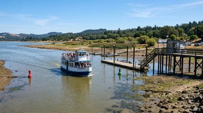 Un piccolo traghetto su un lago con livelli d'acqua visibilmente bassi, in difficoltà operativa presso un pontile. (Immagine generata con IA)