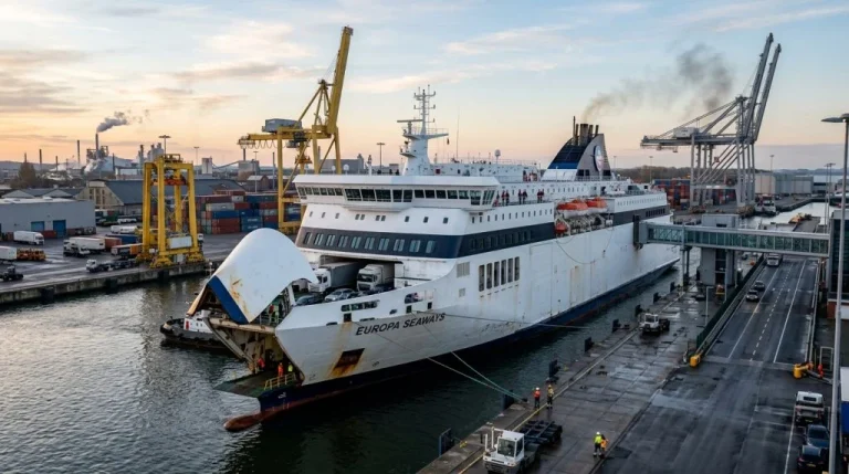 Traghetto Ro-Pax in un porto europeo che simboleggia l'impatto dell'EU ETS sugli operatori marittimi (Immagine generata con IA)