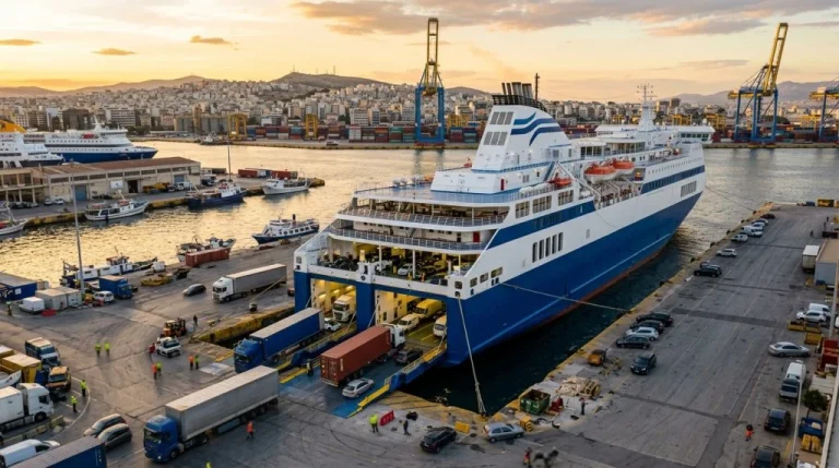 Il traghetto ro-pax 'Med Star' ormeggiato in un porto del Mediterraneo, evidenziando il suo passaggio a Creta Cargo Lines (Immagine generata con IA)