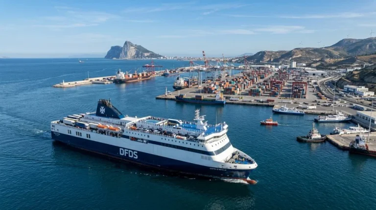 Un moderno traghetto DFDS Ro-Pax in navigazione nello Stretto di Gibilterra tra Tanger Med e Algeciras, simboleggiando l'aumento della capacità sulla rotta. (Immagine generata con IA)
