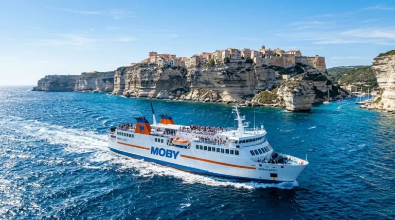 Traghetto in navigazione nello Stretto di Bonifacio, con le scogliere bianche di Bonifacio visibili sullo sfondo (Immagine generata con IA)