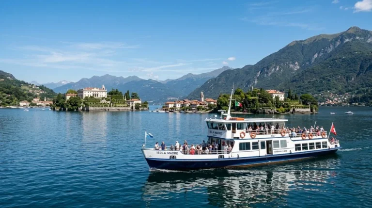 Traghetto turistico sul Lago Maggiore che si avvicina alle Isole Borromee con ville storiche e giardini. (Immagine generata con IA)