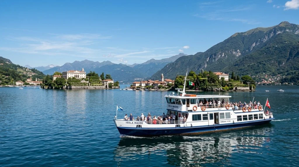 Traghetto turistico sul Lago Maggiore che si avvicina alle Isole Borromee con ville storiche e giardini. (Immagine generata con IA)
