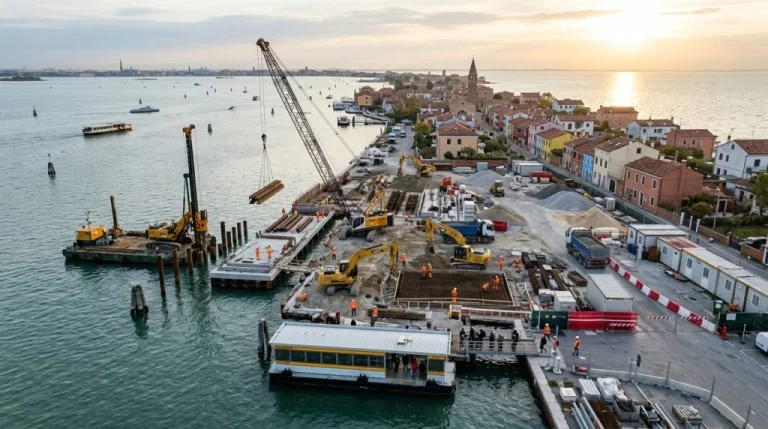 Lavori di costruzione presso l'approdo dei traghetti di Pellestrina, Venezia, con gru e operai al lavoro. (Immagine generata con IA)