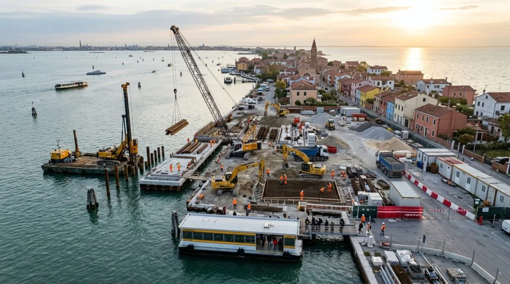 Lavori di costruzione presso l'approdo dei traghetti di Pellestrina, Venezia, con gru e operai al lavoro. (Immagine generata con IA)
