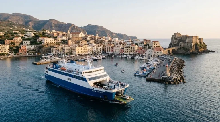 Un traghetto si avvicina o lascia un porto isolano italiano, con edifici tipici mediterranei e piccole imbarcazioni. (Immagine generata con IA)