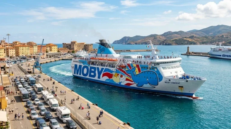 Un traghetto moderno di Moby, Tirrenia o Toremar salpa da un porto turistico animato, simboleggiando la ripartenza della stagione 2027. (Immagine generata con IA)
