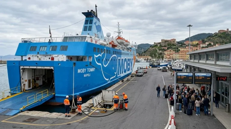 Traghetto Moby Niki della compagnia Moby Lines fermo in porto a causa di un'avaria tecnica, con passeggeri in attesa al terminal (Immagine generata con IA)