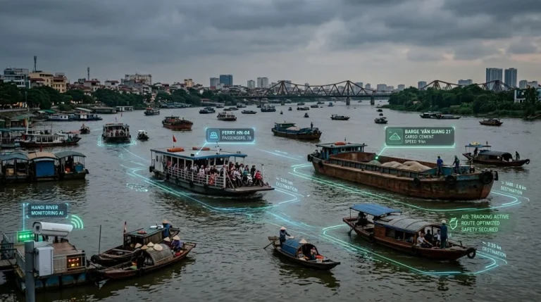 Veduta di un fiume ad Hanoi con imbarcazioni e indicazioni visive di un sistema di monitoraggio AI per la sicurezza della navigazione. (Immagine generata con IA)