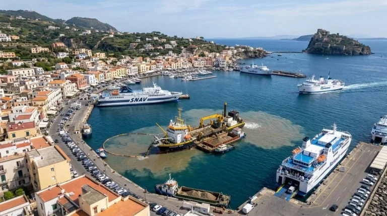 Veduta aerea del porto di Ischia con un'operazione di dragaggio in corso e traghetti ormeggiati lungo la banchina. (Immagine generata con IA)