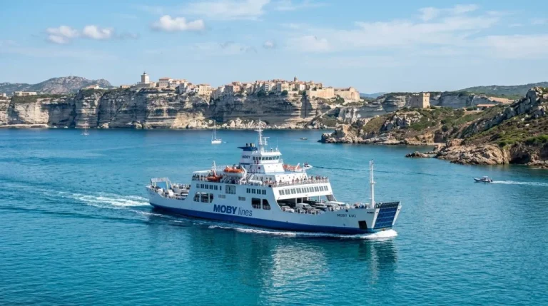 Traghetto Moby o Ichnusa Lines in navigazione tra Santa Teresa Gallura e Bonifacio. (Immagine generata con IA)