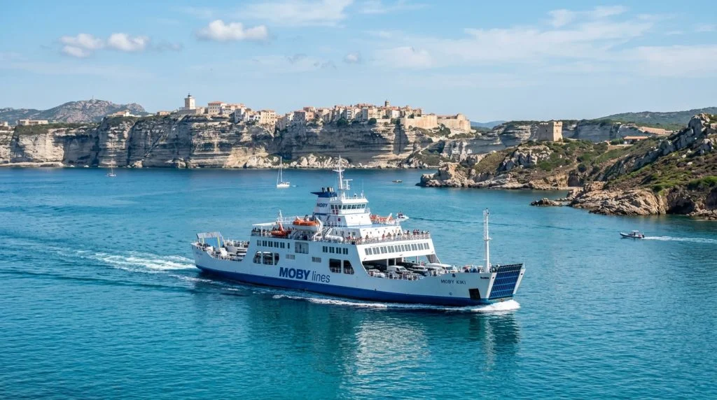 Traghetto Moby o Ichnusa Lines in navigazione tra Santa Teresa Gallura e Bonifacio. (Immagine generata con IA)