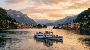 Un traghetto passeggeri naviga su un lago italiano al tramonto, con borghi storici sulla riva. (Immagine generata con IA)