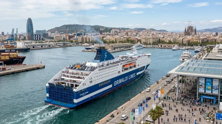 Traghetto Grimaldi Lines in un porto, con riferimento al TTG Travel di Rimini. (Immagine generata con IA)