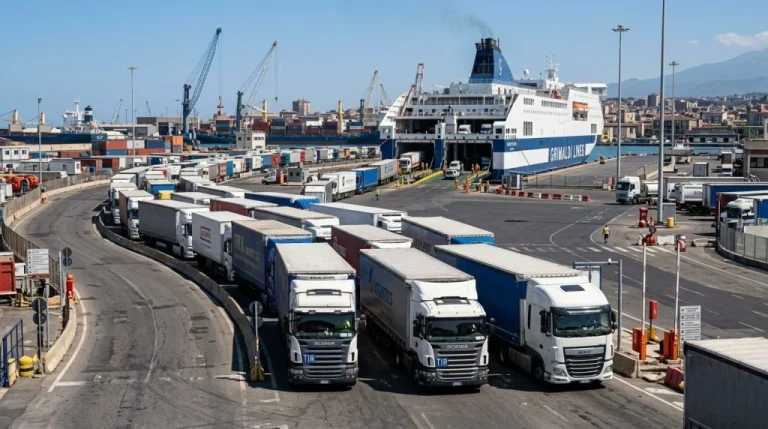 Traghetti e tir in un porto siciliano, simbolo del caro-carburanti e trasporti (Immagine generata con IA)