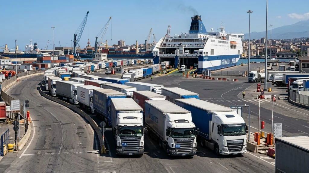 Traghetti e tir in un porto siciliano, simbolo del caro-carburanti e trasporti (Immagine generata con IA)
