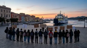 Gruppo di studenti in protesta in una piazza a La Maddalena, con un traghetto che arriva al porto all'alba sullo sfondo. (Immagine generata con IA)