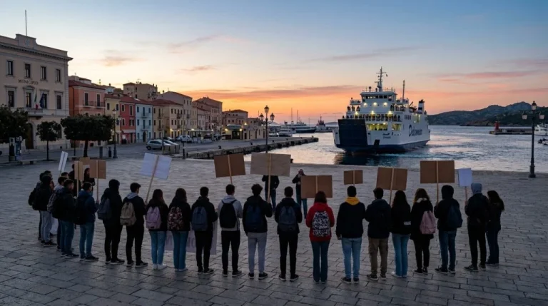 Gruppo di studenti in protesta in una piazza a La Maddalena, con un traghetto che arriva al porto all'alba sullo sfondo. (Immagine generata con IA)