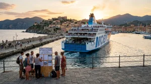 Ferry in partenza dal porto dell'Isola d'Elba con persone a bordo e in banchina, e un gruppo di persone in primo piano. (Immagine generata con IA)