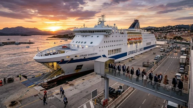 Una nave di Grimaldi Lines ormeggiata nel porto di Olbia, con persone che transitano su una passerella, a simboleggiare un evento a bordo. (Immagine generata con IA)