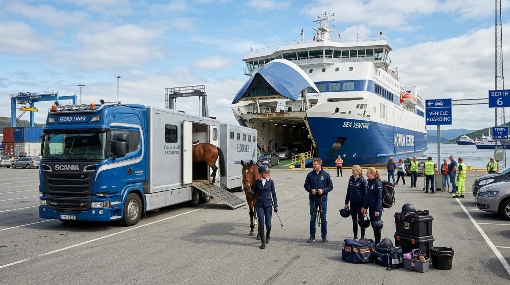 Un traghetto Grimaldi Lines con veicoli e rimorchi per il trasporto di cavalli pronti all'imbarco. (Immagine generata con IA)