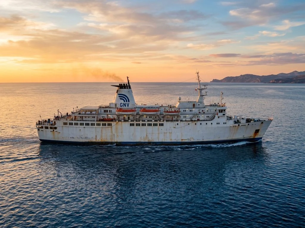 Un grande traghetto passeggeri simile al GNV Azzurra naviga al tramonto, con una luce dorata che ne evidenzia la struttura. (Immagine generata con IA)
