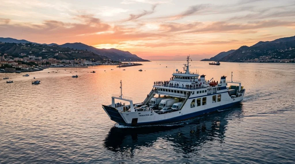 Un traghetto passeggeri attraversa lo Stretto di Messina con le coste siciliane e calabresi sullo sfondo, al tramonto, simboleggiando i collegamenti quotidiani e le sfide dei pendolari. (Immagine generata con IA)