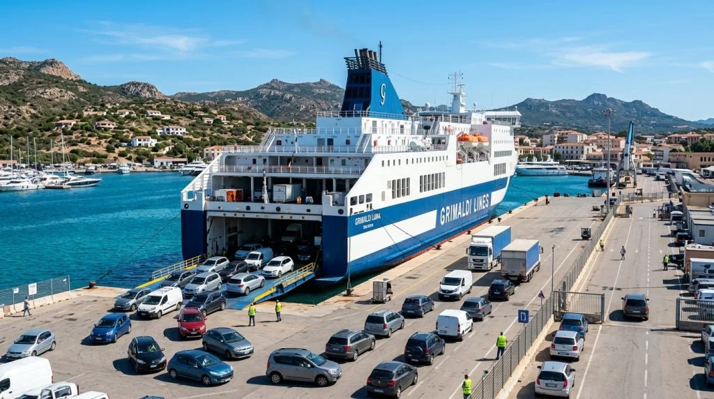 Traghetto Grimaldi Lines attraccato in un porto sardo durante lo sbarco di veicoli. (Immagine generata con IA)