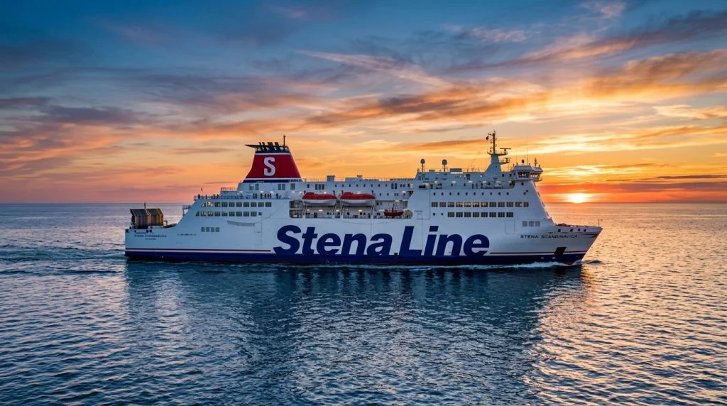 Un traghetto Ro-Pax di Stena Line in navigazione con un cielo al tramonto. (Immagine generata con IA)