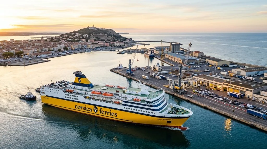 Un traghetto giallo e bianco di Corsica Ferries attracca o salpa dal porto di Sète, con sullo sfondo il mare Mediterraneo all'alba. (Immagine generata con IA)
