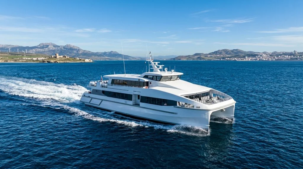 Un moderno fast ferry di Baleària completamente elettrico in navigazione tra Tarifa e Tangeri. (Immagine generata con IA)