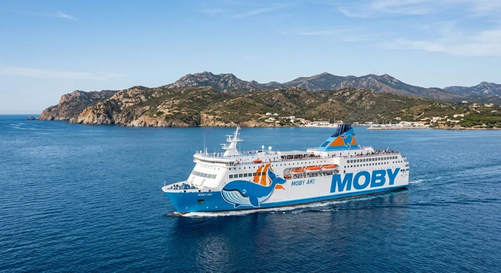 Un traghetto Moby naviga verso la Sardegna o la Corsica al tramonto (Immagine generata con IA)