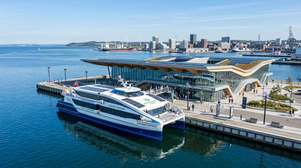 Un traghetto elettrico ad alta velocità attraccato a un nuovo terminal passeggeri moderno nel Mar Baltico, regione del Kattegat. (Immagine generata con IA)